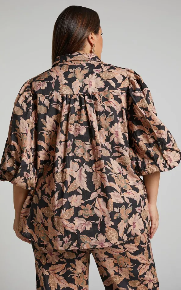 Showpo Amalie The Label 8211 Janae Linen Blend Collared Puff Sleeve Button Up Shirt In Kora Print Women Tops