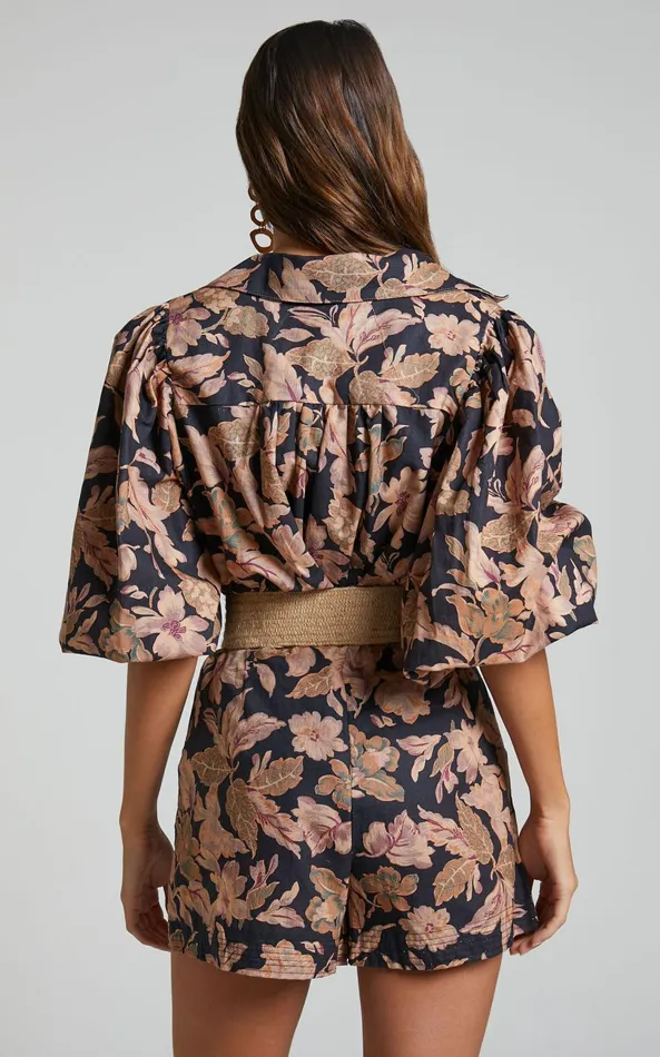 Showpo Amalie The Label 8211 Janae Linen Blend Collared Puff Sleeve Button Up Shirt In Kora Print Women Tops