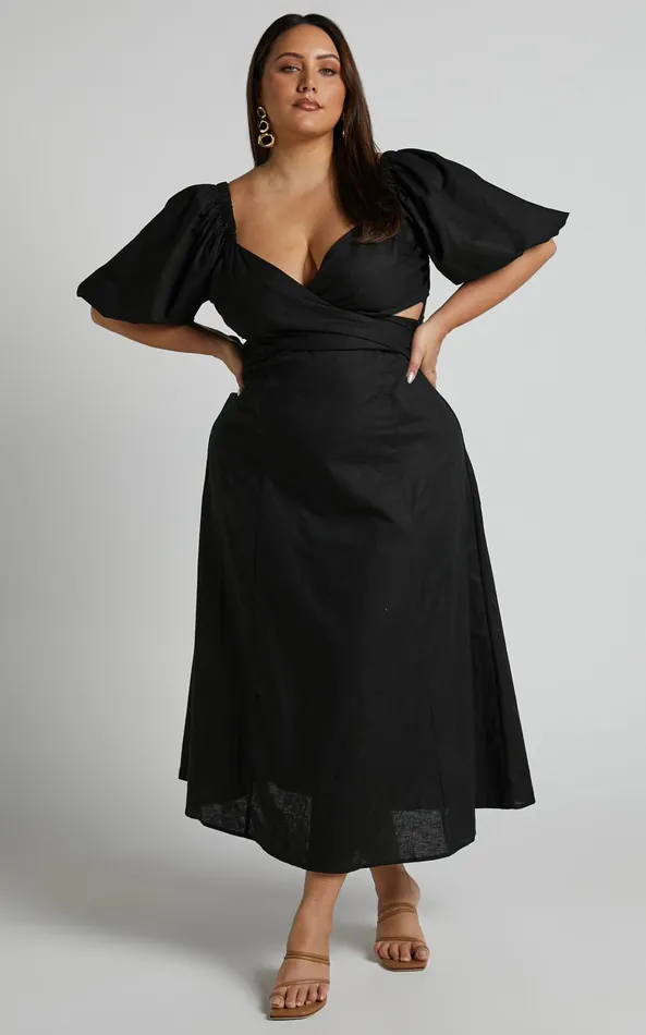 Showpo Amalie The Label 8211 Janae Linen Blend Puff Sleeve Cut Out Midi Dress In Black Women Curve Clothes