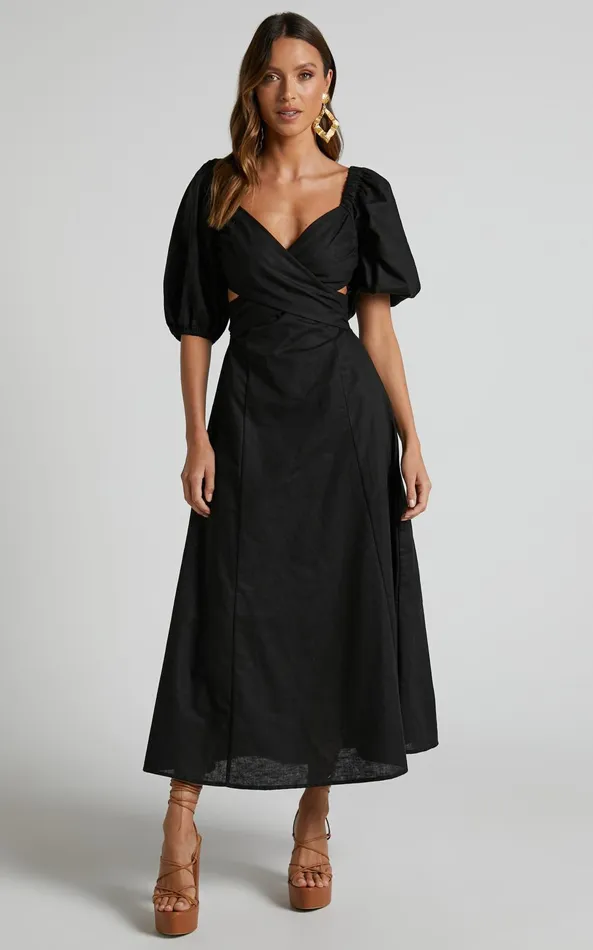 Showpo Amalie The Label 8211 Janae Linen Blend Puff Sleeve Cut Out Midi Dress In Black Women Curve Clothes