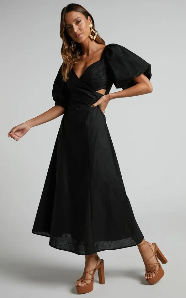 Showpo Amalie The Label 8211 Janae Linen Blend Puff Sleeve Cut Out Midi Dress In Black Women Curve Clothes