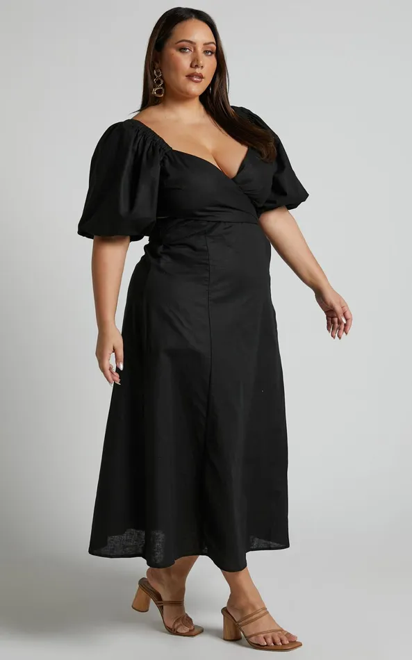 Showpo Amalie The Label 8211 Janae Linen Blend Puff Sleeve Cut Out Midi Dress In Black Women Curve Clothes