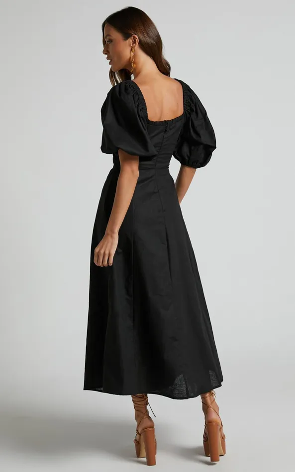 Showpo Amalie The Label 8211 Janae Linen Blend Puff Sleeve Cut Out Midi Dress In Black Women Curve Clothes