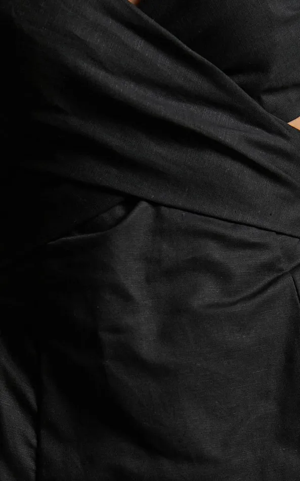Showpo Amalie The Label 8211 Janae Linen Blend Puff Sleeve Cut Out Midi Dress In Black Women Curve Clothes