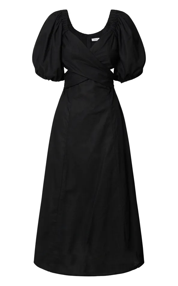 Showpo Amalie The Label 8211 Janae Linen Blend Puff Sleeve Cut Out Midi Dress In Black Women Curve Clothes