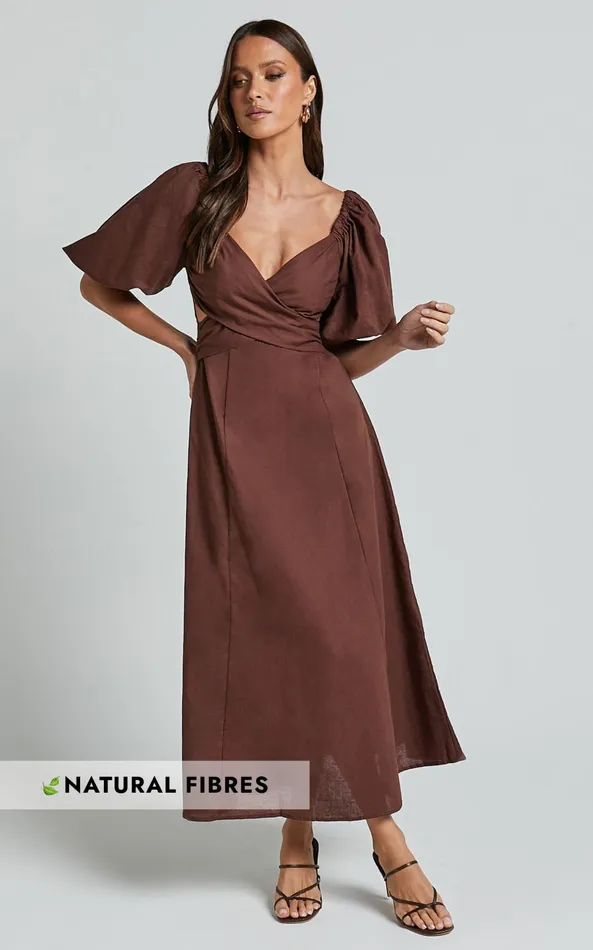 Showpo Amalie The Label 8211 Janae Linen Blend Puff Sleeve Cut Out Midi Dress In Chocolate Women Curve Clothes Showpo Amalie The Label 8211 Janae Linen Blend Puff Sleeve Cut Out Midi Dress In Chocolate Women Curve Clothes