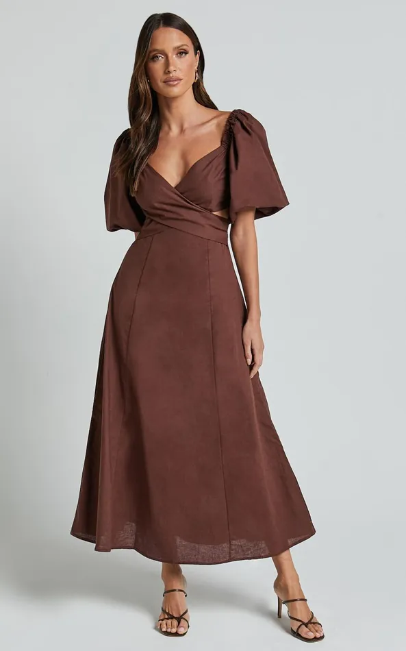 Showpo Amalie The Label 8211 Janae Linen Blend Puff Sleeve Cut Out Midi Dress In Chocolate Women Curve Clothes