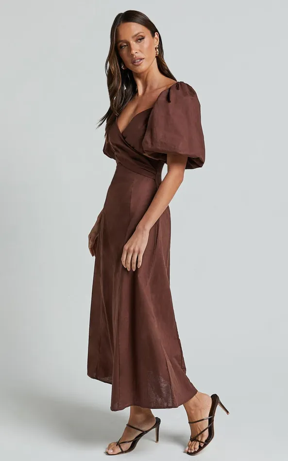 Showpo Amalie The Label 8211 Janae Linen Blend Puff Sleeve Cut Out Midi Dress In Chocolate Women Curve Clothes