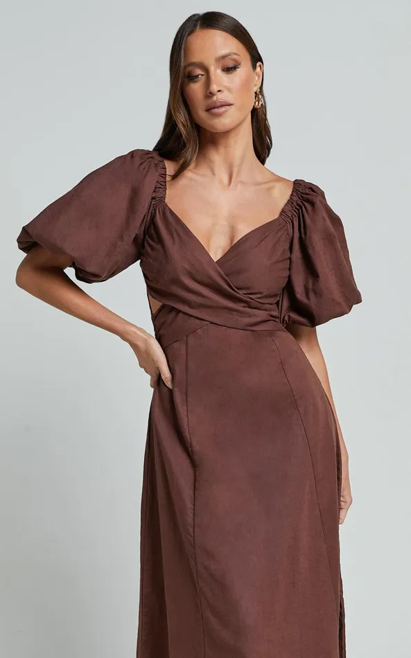 Showpo Amalie The Label 8211 Janae Linen Blend Puff Sleeve Cut Out Midi Dress In Chocolate Women Curve Clothes