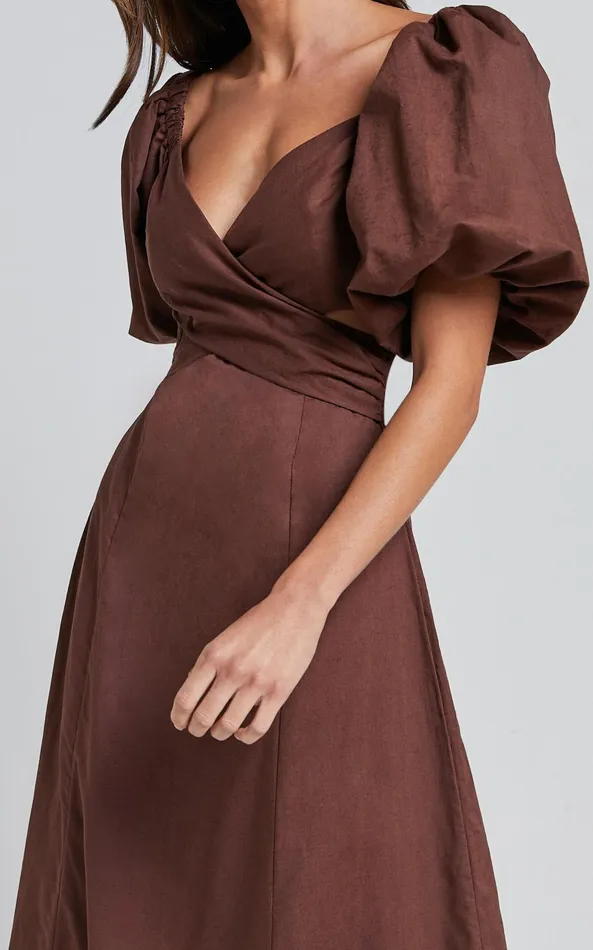 Showpo Amalie The Label 8211 Janae Linen Blend Puff Sleeve Cut Out Midi Dress In Chocolate Women Curve Clothes