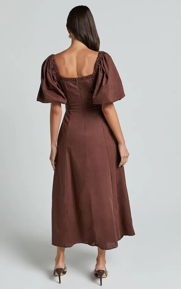 Showpo Amalie The Label 8211 Janae Linen Blend Puff Sleeve Cut Out Midi Dress In Chocolate Women Curve Clothes