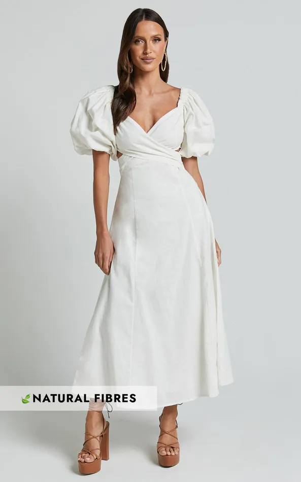 Showpo Amalie The Label 8211 Janae Linen Blend Puff Sleeve Cut Out Midi Dress In White Women Curve Clothes Showpo Amalie The Label 8211 Janae Linen Blend Puff Sleeve Cut Out Midi Dress In White Women Curve Clothes