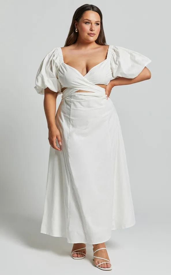 Showpo Amalie The Label 8211 Janae Linen Blend Puff Sleeve Cut Out Midi Dress In White Women Curve Clothes