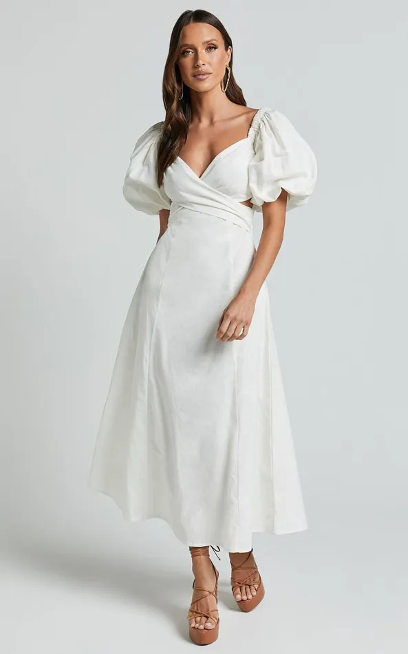 Showpo Amalie The Label 8211 Janae Linen Blend Puff Sleeve Cut Out Midi Dress In White Women Curve Clothes