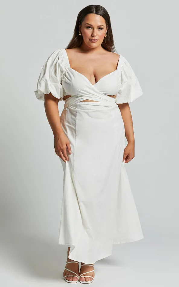 Showpo Amalie The Label 8211 Janae Linen Blend Puff Sleeve Cut Out Midi Dress In White Women Curve Clothes