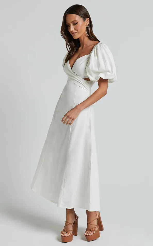 Showpo Amalie The Label 8211 Janae Linen Blend Puff Sleeve Cut Out Midi Dress In White Women Curve Clothes