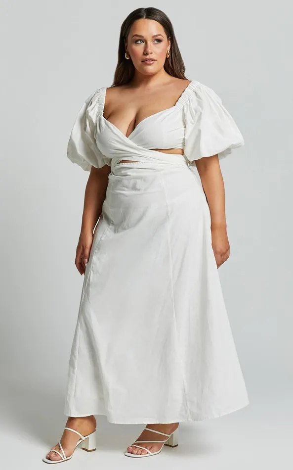 Showpo Amalie The Label 8211 Janae Linen Blend Puff Sleeve Cut Out Midi Dress In White Women Curve Clothes