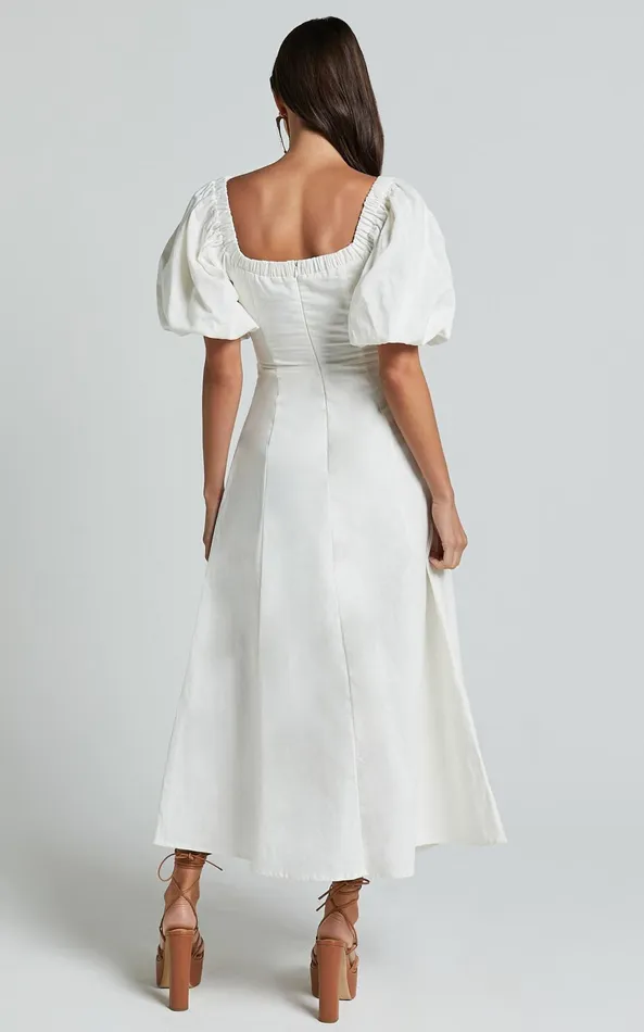 Showpo Amalie The Label 8211 Janae Linen Blend Puff Sleeve Cut Out Midi Dress In White Women Curve Clothes