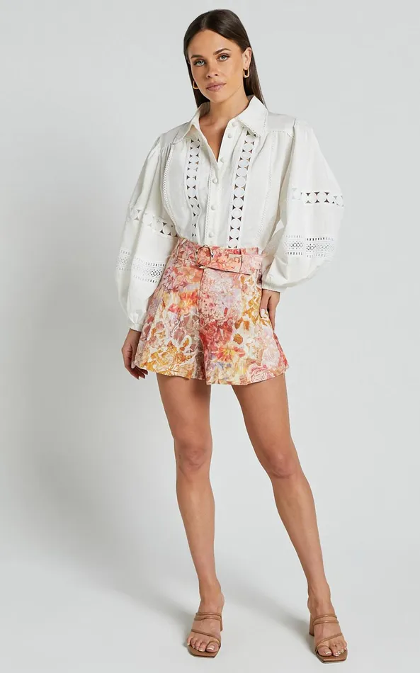 Showpo Amalie The Label 8211 Julessa Linen Blend Puff Sleeve Lace Detail Blouse In White Women Tops