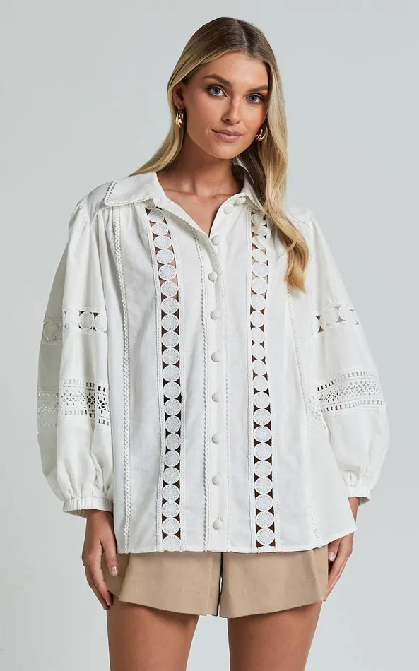 Showpo Amalie The Label 8211 Julessa Linen Blend Puff Sleeve Lace Detail Blouse In White Women Tops