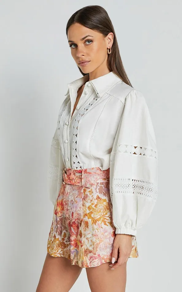 Showpo Amalie The Label 8211 Julessa Linen Blend Puff Sleeve Lace Detail Blouse In White Women Tops
