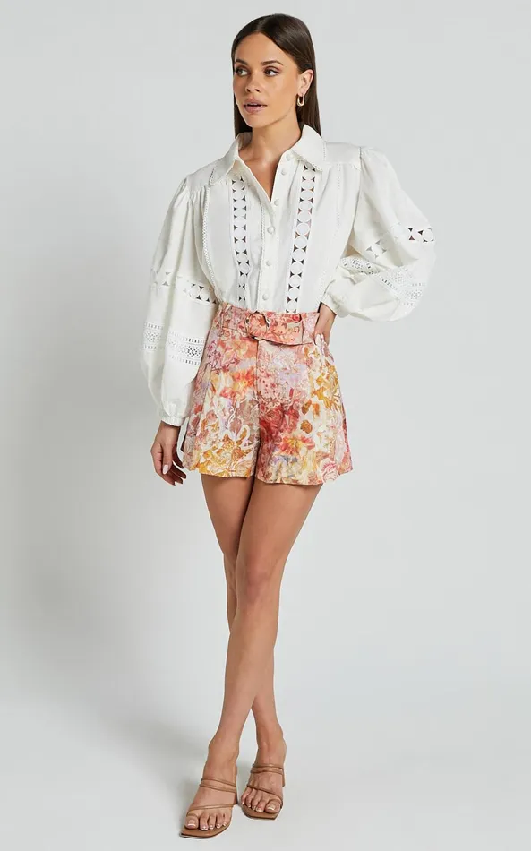 Showpo Amalie The Label 8211 Julessa Linen Blend Puff Sleeve Lace Detail Blouse In White Women Tops