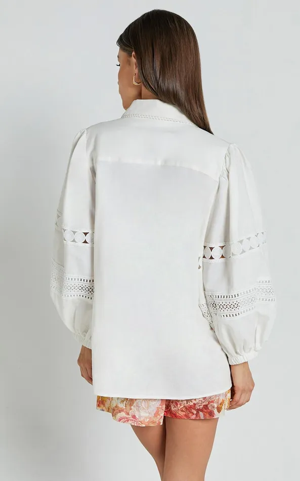 Showpo Amalie The Label 8211 Julessa Linen Blend Puff Sleeve Lace Detail Blouse In White Women Tops