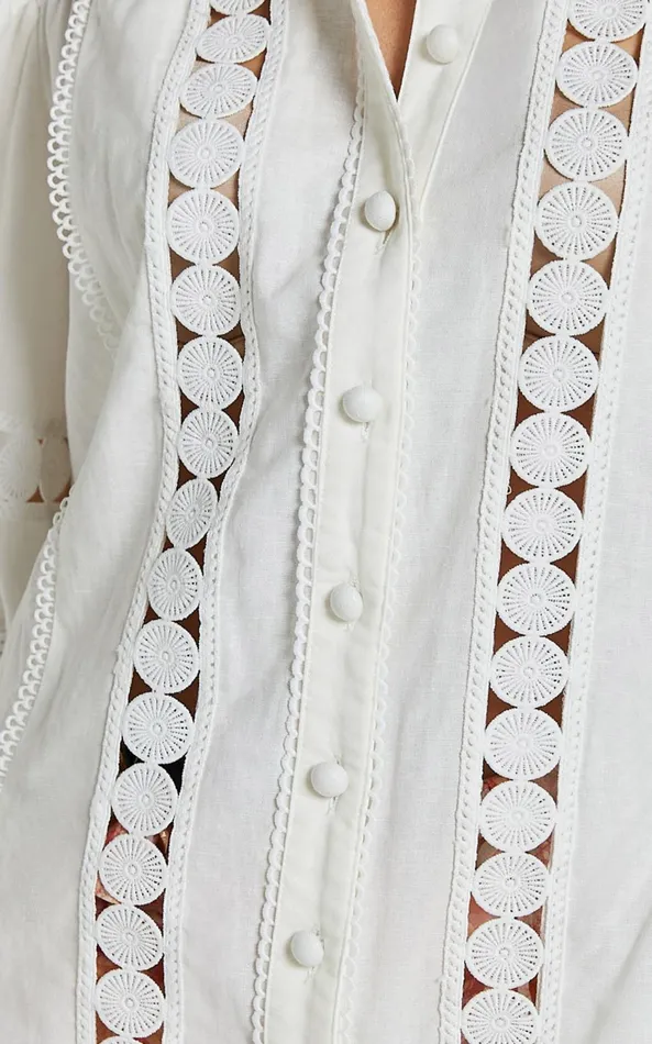 Showpo Amalie The Label 8211 Julessa Linen Blend Puff Sleeve Lace Detail Blouse In White Women Tops