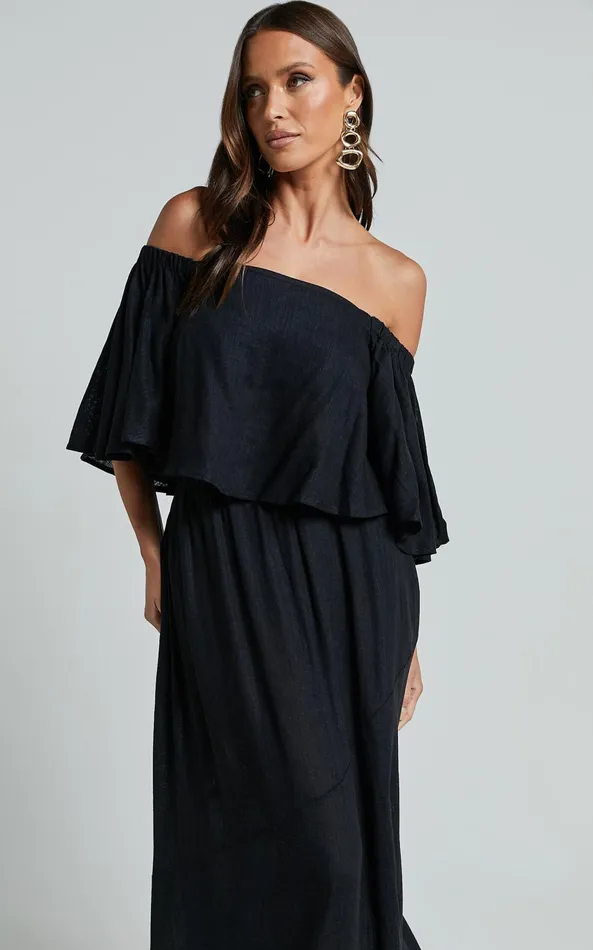 Showpo Amalie The Label 8211 Juletta Linen Blend Flutter Sleeve Top And Midi Skirt Two Piece Set In Black Women Two Piece Sets and Coords
