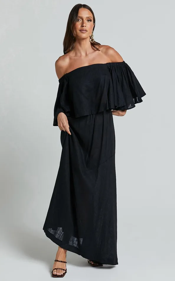 Showpo Amalie The Label 8211 Juletta Linen Blend Flutter Sleeve Top And Midi Skirt Two Piece Set In Black Women Two Piece Sets and Coords