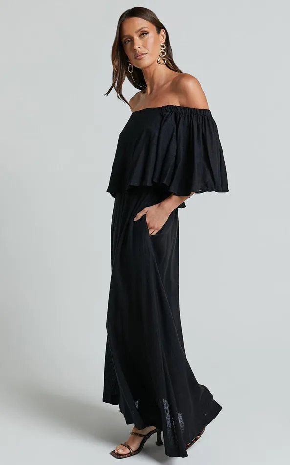 Showpo Amalie The Label 8211 Juletta Linen Blend Flutter Sleeve Top And Midi Skirt Two Piece Set In Black Women Two Piece Sets and Coords