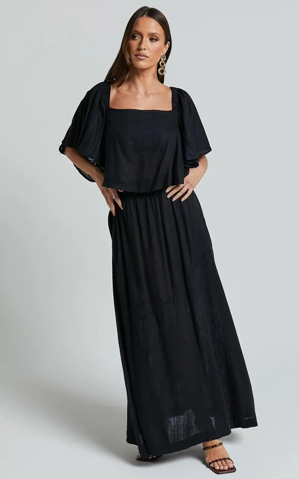 Showpo Amalie The Label 8211 Juletta Linen Blend Flutter Sleeve Top And Midi Skirt Two Piece Set In Black Women Two Piece Sets and Coords
