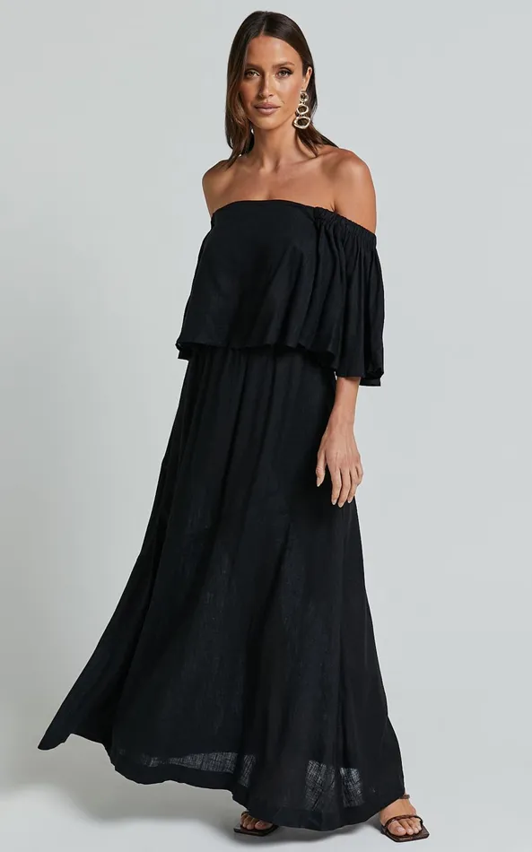 Showpo Amalie The Label 8211 Juletta Linen Blend Flutter Sleeve Top And Midi Skirt Two Piece Set In Black Women Two Piece Sets and Coords