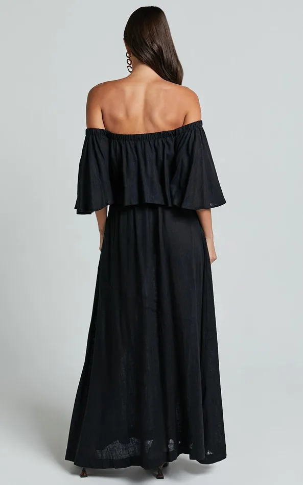 Showpo Amalie The Label 8211 Juletta Linen Blend Flutter Sleeve Top And Midi Skirt Two Piece Set In Black Women Two Piece Sets and Coords
