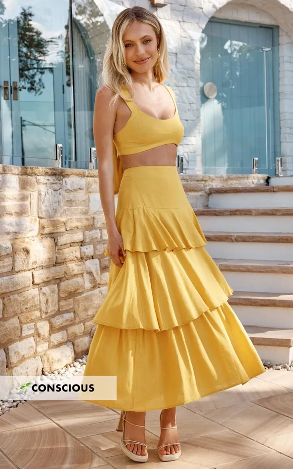 Showpo Amalie The Label 8211 Kaleigh Linen Blend Bralette And Tiered Maxi Skirt Two Piece Set In Yellow Women Two Piece Sets and Coords Showpo Amalie The Label 8211 Kaleigh Linen Blend Bralette And Tiered Maxi Skirt Two Piece Set In Yellow Women Two Piece Sets and Coords