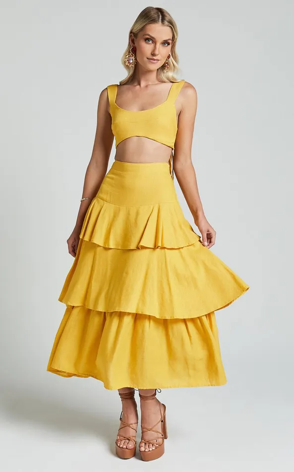 Showpo Amalie The Label 8211 Kaleigh Linen Blend Bralette And Tiered Maxi Skirt Two Piece Set In Yellow Women Two Piece Sets and Coords