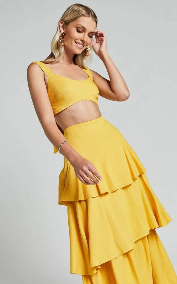 Showpo Amalie The Label 8211 Kaleigh Linen Blend Bralette And Tiered Maxi Skirt Two Piece Set In Yellow Women Two Piece Sets and Coords