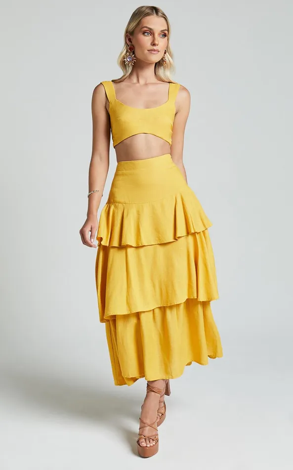 Showpo Amalie The Label 8211 Kaleigh Linen Blend Bralette And Tiered Maxi Skirt Two Piece Set In Yellow Women Two Piece Sets and Coords