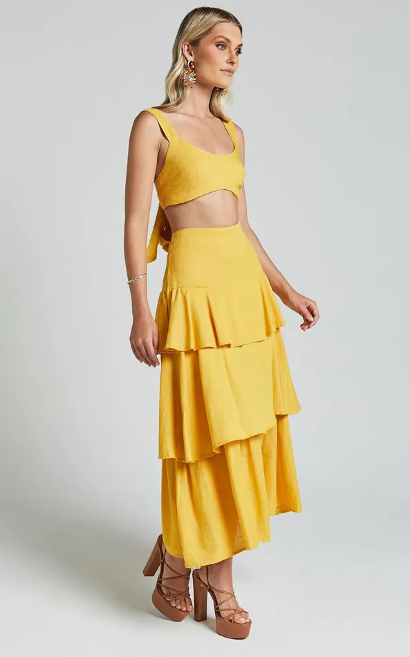 Showpo Amalie The Label 8211 Kaleigh Linen Blend Bralette And Tiered Maxi Skirt Two Piece Set In Yellow Women Two Piece Sets and Coords