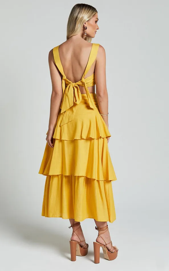 Showpo Amalie The Label 8211 Kaleigh Linen Blend Bralette And Tiered Maxi Skirt Two Piece Set In Yellow Women Two Piece Sets and Coords