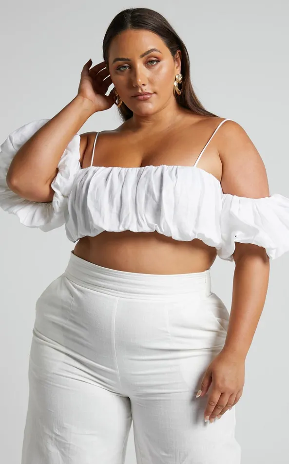 Showpo Amalie The Label 8211 Khaila Linen Off Shoulder Gathered Crop Top In White Women Curve Clothes