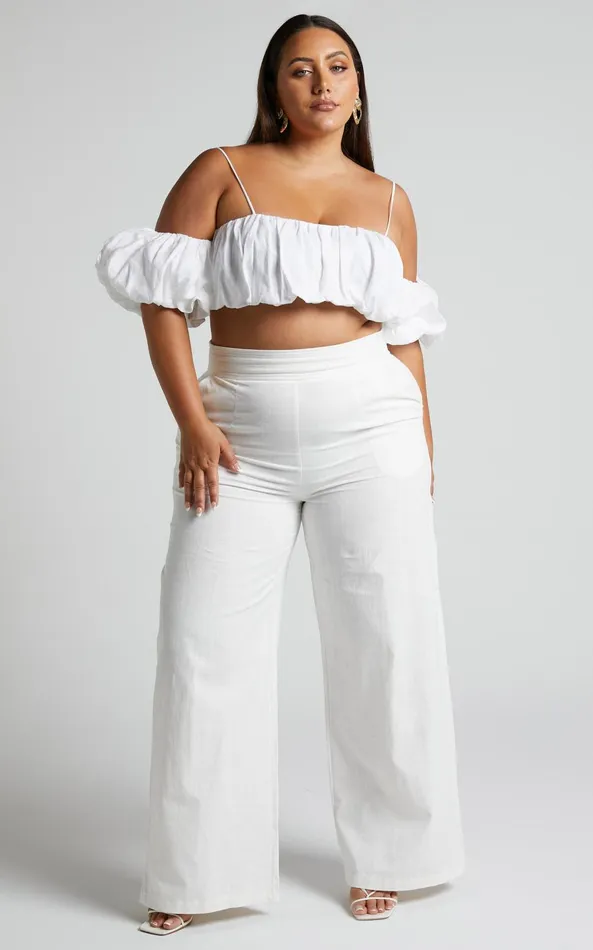 Showpo Amalie The Label 8211 Khaila Linen Off Shoulder Gathered Crop Top In White Women Curve Clothes