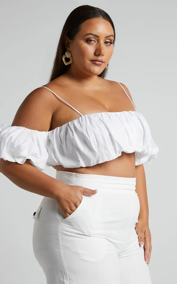 Showpo Amalie The Label 8211 Khaila Linen Off Shoulder Gathered Crop Top In White Women Curve Clothes