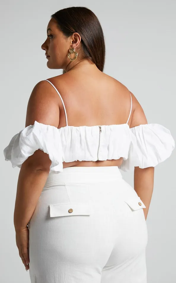 Showpo Amalie The Label 8211 Khaila Linen Off Shoulder Gathered Crop Top In White Women Curve Clothes