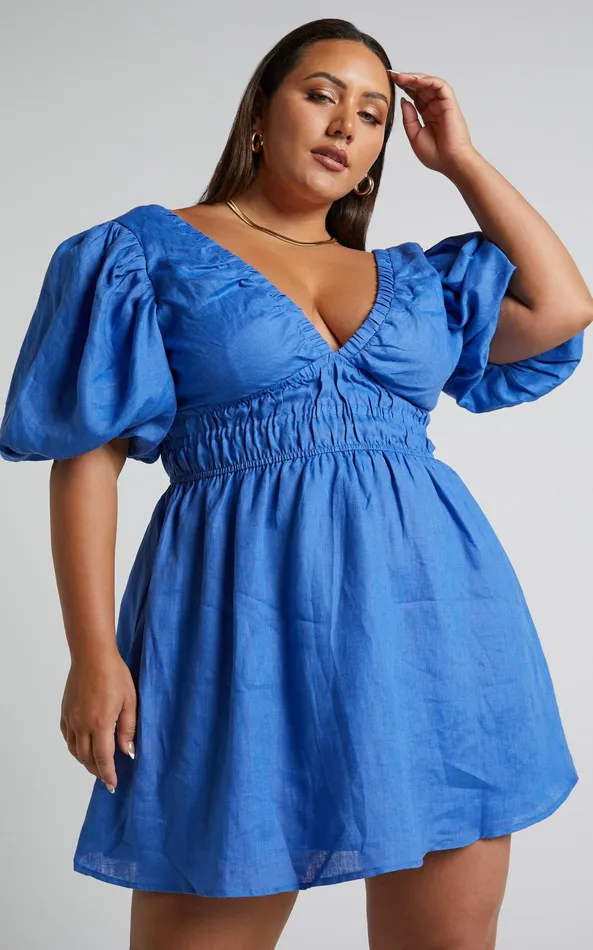 Showpo Amalie The Label 8211 Khaila Linen Plunge Puff Sleeve Mini Dress In Blue Women Curve Clothes