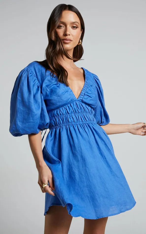 Showpo Amalie The Label 8211 Khaila Linen Plunge Puff Sleeve Mini Dress In Blue Women Curve Clothes