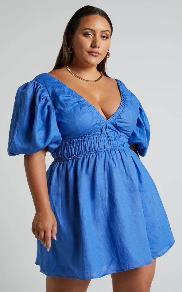 Showpo Amalie The Label 8211 Khaila Linen Plunge Puff Sleeve Mini Dress In Blue Women Curve Clothes