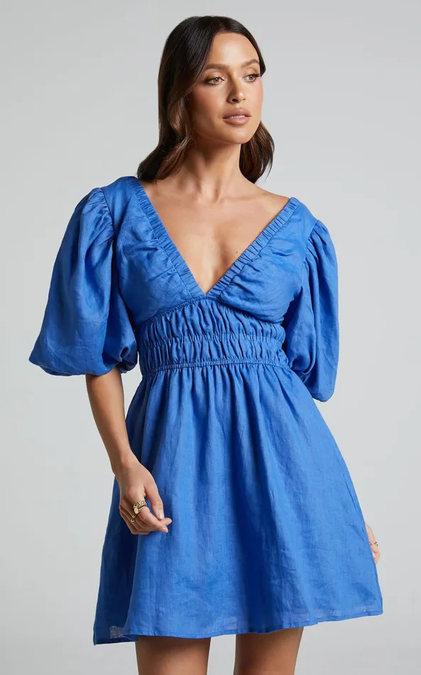 Showpo Amalie The Label 8211 Khaila Linen Plunge Puff Sleeve Mini Dress In Blue Women Curve Clothes
