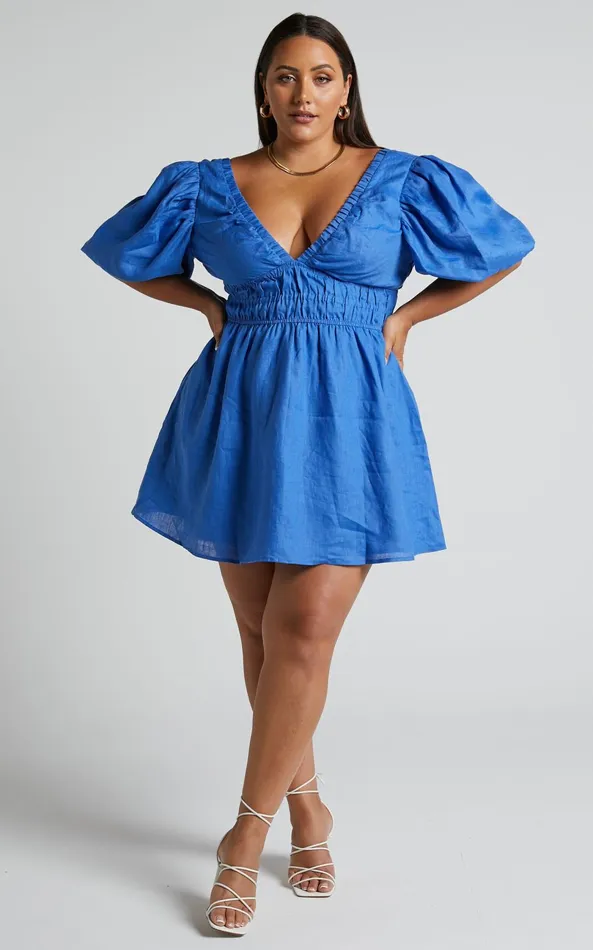 Showpo Amalie The Label 8211 Khaila Linen Plunge Puff Sleeve Mini Dress In Blue Women Curve Clothes