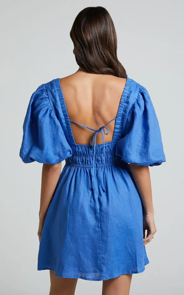 Showpo Amalie The Label 8211 Khaila Linen Plunge Puff Sleeve Mini Dress In Blue Women Curve Clothes